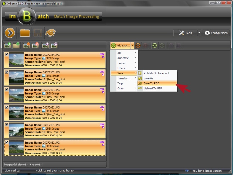 select Save To PDF batch image processing task